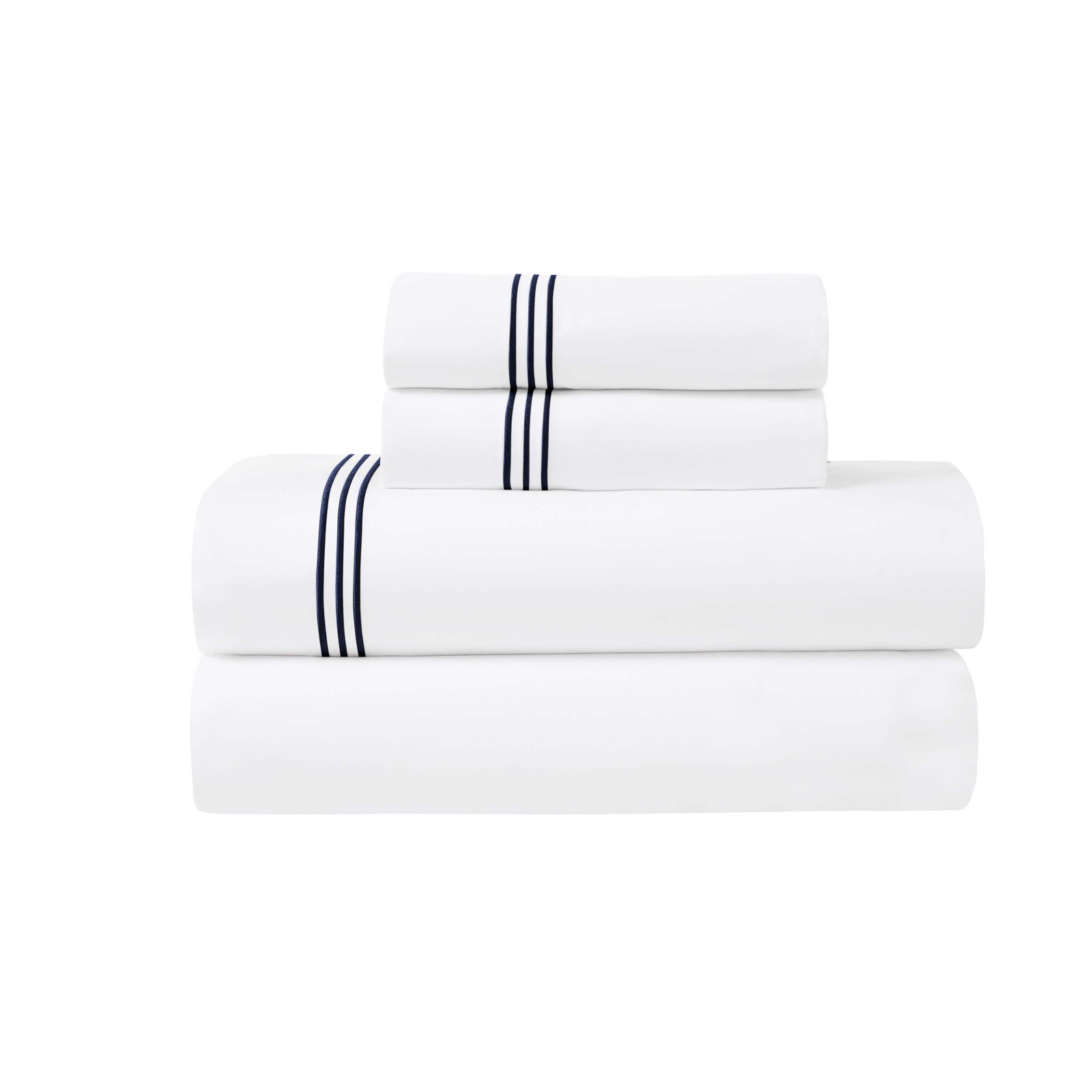 Embroidered Cotton Sheet Set, California King Sheet Set with 2 Pillowcases, White/Navy Blue