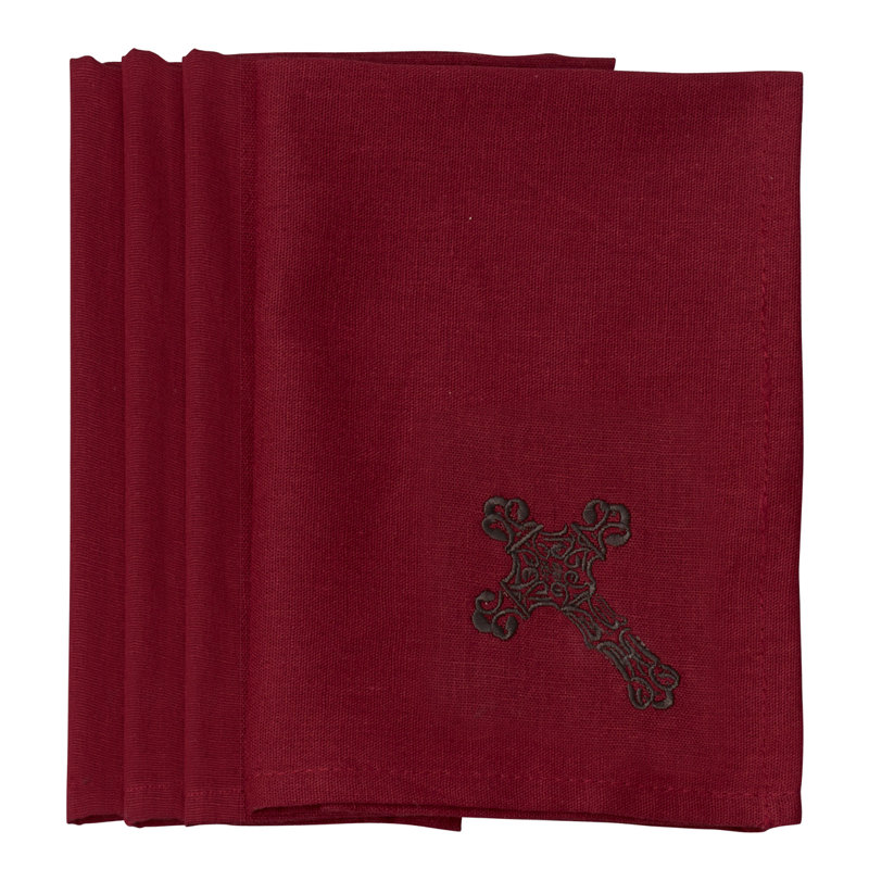 Red Cotton Linen Cross Embroidered Square Napkin Set