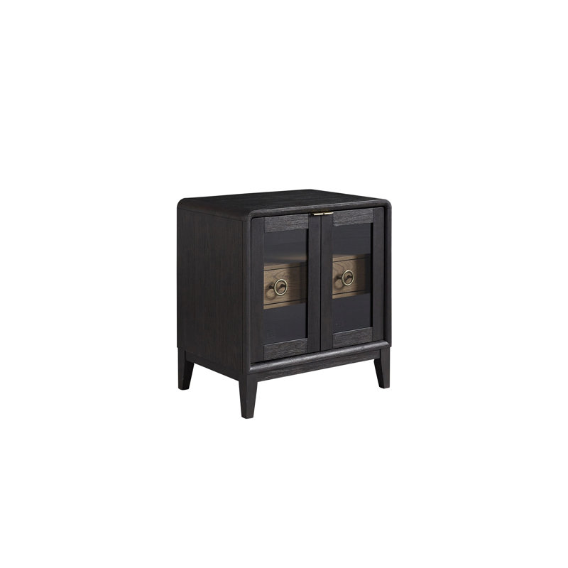 Table de chevet noire avec 1 tiroir de rangement et portes en verre trempé, bois massif et fabrication, poids de 82,86 lb, 28,77 po Largeur du tiroir à portes, en mélange de latte au poivre, profondeur de 18,97 po