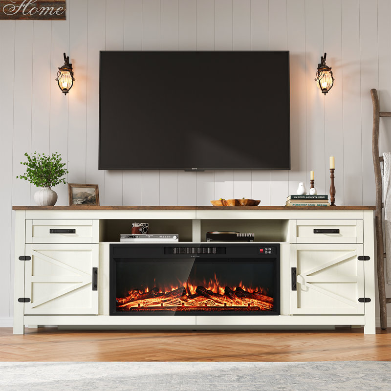  80"W Farmhouse Fireplace Tv Stand With 36" Electric Fireplace,  Wood Entertainment Center for TVs up to 90",  TV Console Table with Drawers & Cabinets