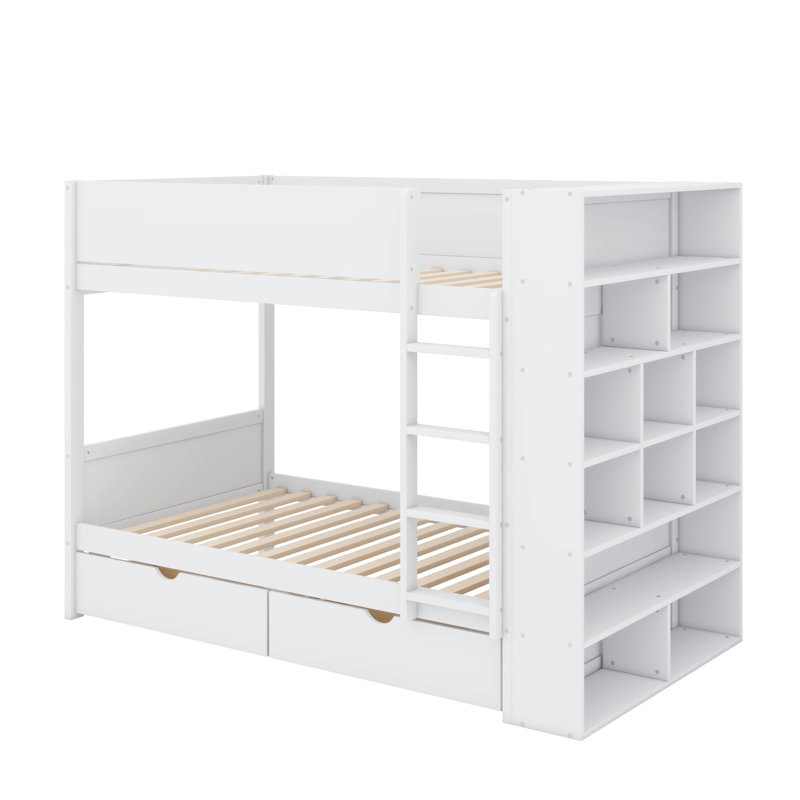 Lit superposé avec bibliothèque de rangement, structure en bois, 2 tiroirs et armoire à plusieurs niveaux, Simple sur simple