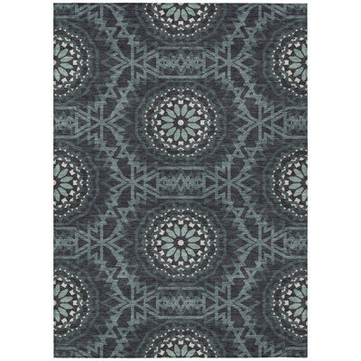 5' X 8' Charcoal Gray And Ivory Floral Medallion Washable Indoor Outdoor Area Rug