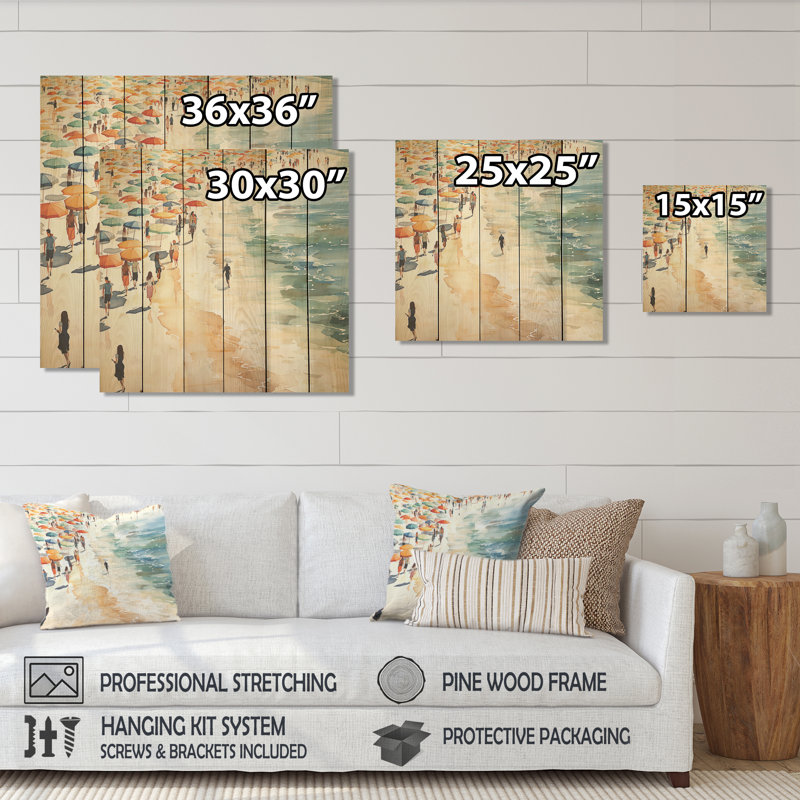 «Orange Umbrella Beach Day Tranquitt II - Beach People On», reproduction de bois, H 25 po x l 25 po