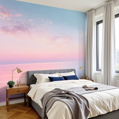 Papier peint adhésif auto-adhésif moderne l 144 po x H 100 po pour chambre à coucher ciel coucher de soleil brillant rose mauve horizon océan calme paysage pittoresque