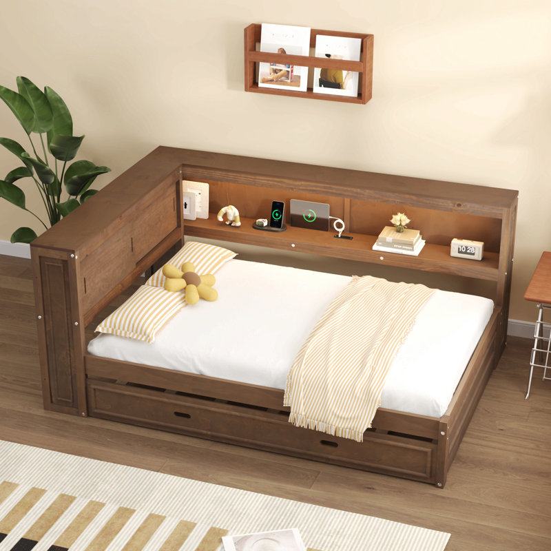 Lit de jour en bois pleine grandeur avec tablettes de rangement, USB, DEL et lit gigogne, Brun