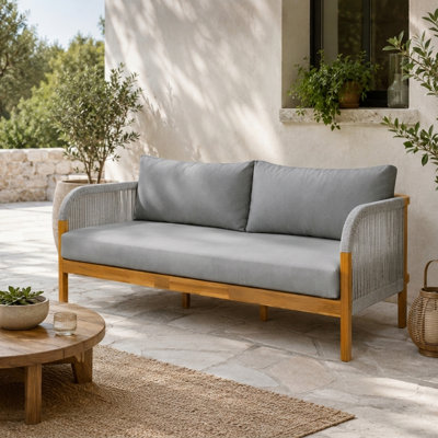 68.1" Outdoor Acacia Wood Daybed with Handwoven Rope, Thick Seat Cushion and 2 Pillows for Patio, Garden and Poolside