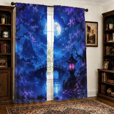 2 pièces de rideaux de paysage japonais mystique, filtrant la lumière, scène de nuit sereine au clair de lune avec des cerisiers en fleurs et des pagodes, ambiance orientale rétro, protection de la vie privée pour le salon, la chambre à coucher, le balcon et la cuisine