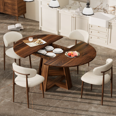 Ensemble de salle à manger en bois Mid-Century moderne pour 4-6, table de cuisine extensible et chaise rembourrée en lin pour la salle à manger