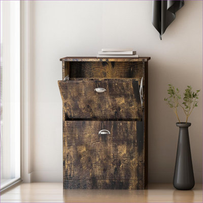 Armoires | Armoire de rangement étroite et étroite avec 2 tiroirs rabattables, bois aggloméré imperméable, couleur bois rétro, pour le vestibule du vestibule | Rustique / Lodge | Brun clair brun clair