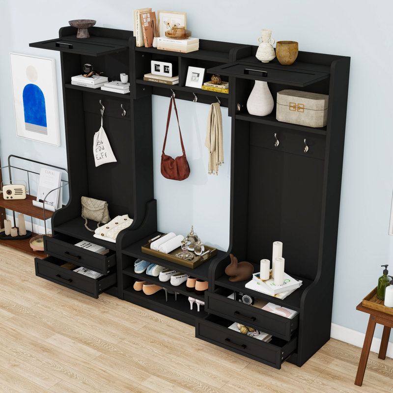 Hall Tree with Storage Cabinet, Bench, Hooks and Drawers, Black