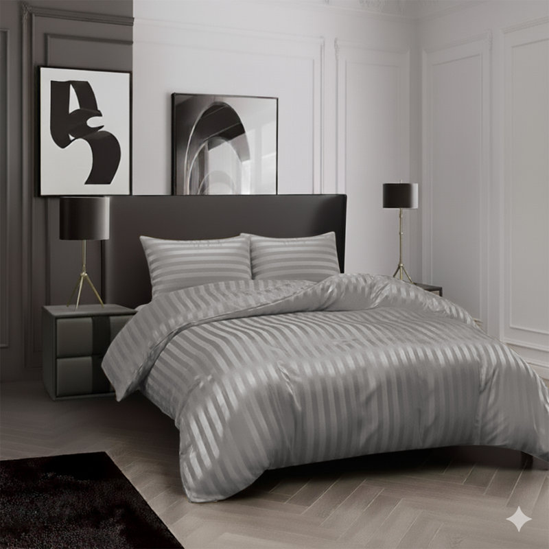 Microfiber Striped Duvet Cover Set with Matching Pillowcases and Stripe Fitted Sheet, Silver