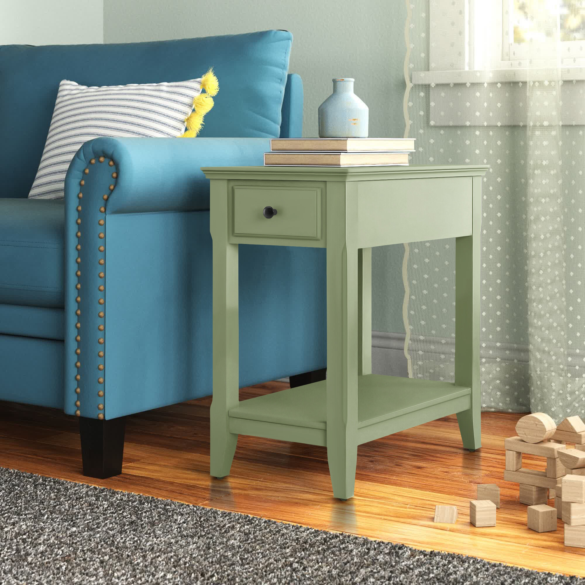 Narre Green End Table with Storage Living Room Side Table 2 Drawer & Open  Storage