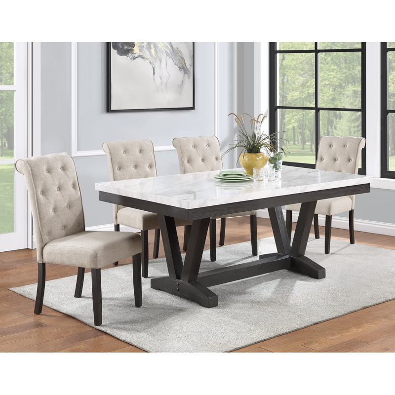 Apicella White Faux Marble Dining Set, Beige, 7 Piece