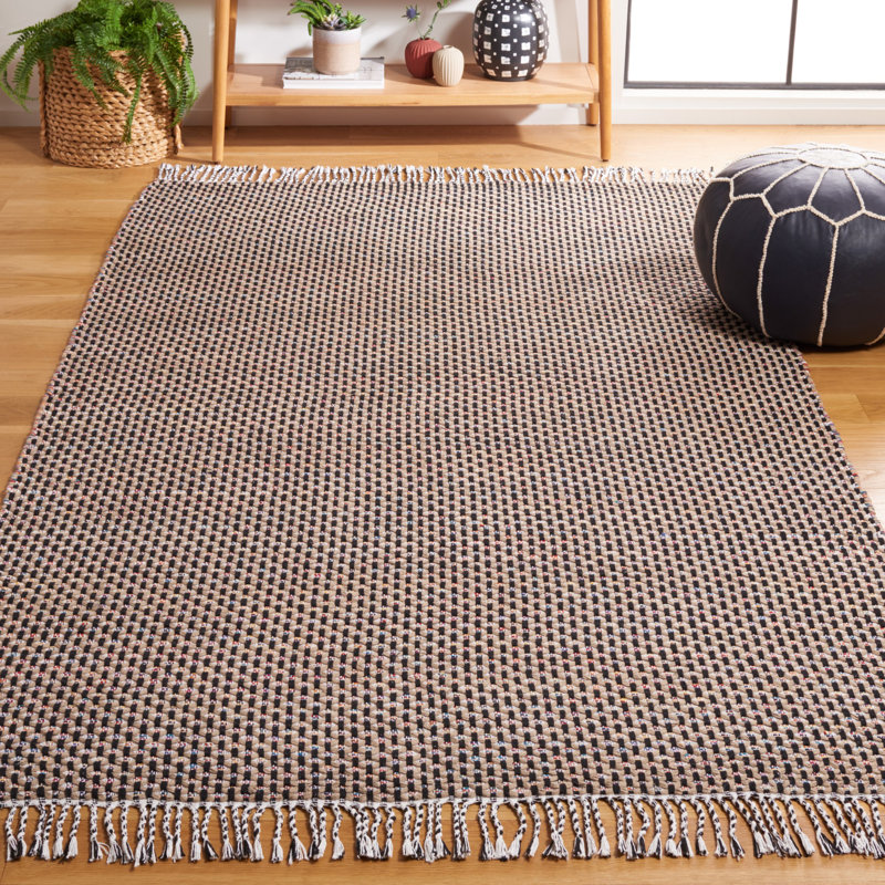 Avril Striped Handmade Flatweave Cotton Beige/Black Area Rug, Rectangle 5' x 8'