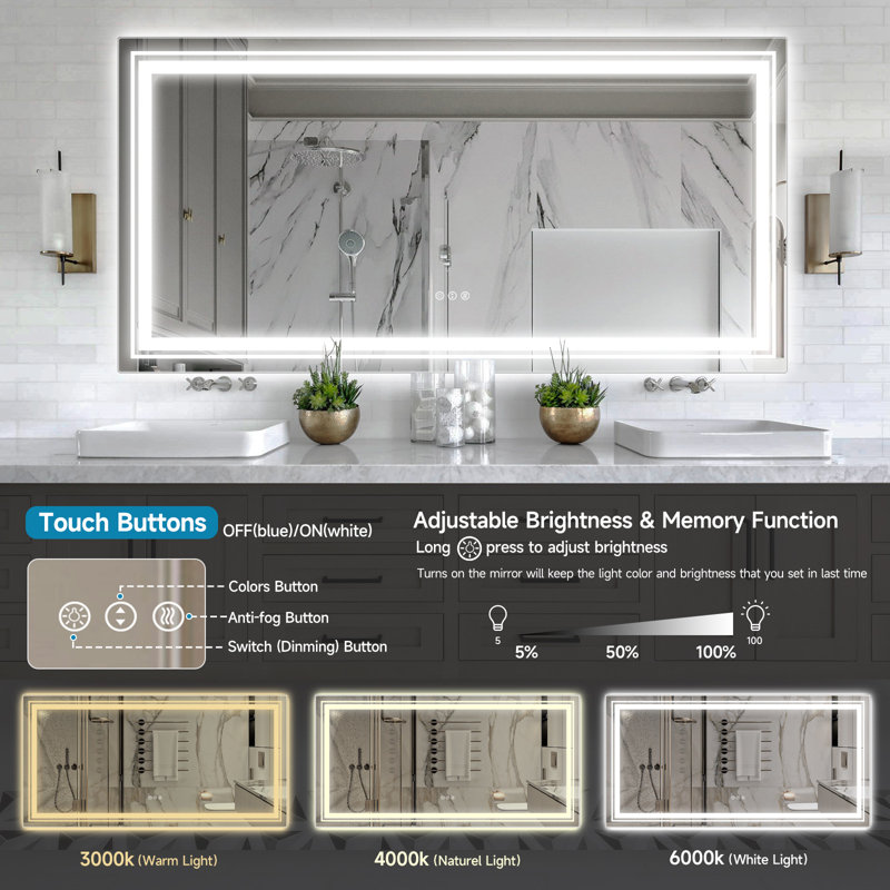 Omarri 60" Anti-Fog Tempered Glass Dimmable LED Bathroom Mirror, 36" x 60"
