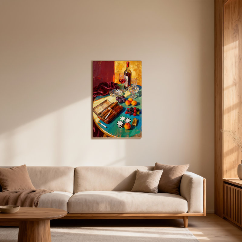 Mode nature morte avec vin et cigares, H 48 po x l 32 po