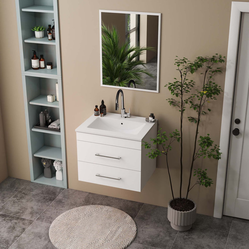 Meuble-lavabo mural brillant avec miroir, Argent argent, Blanc, 24"