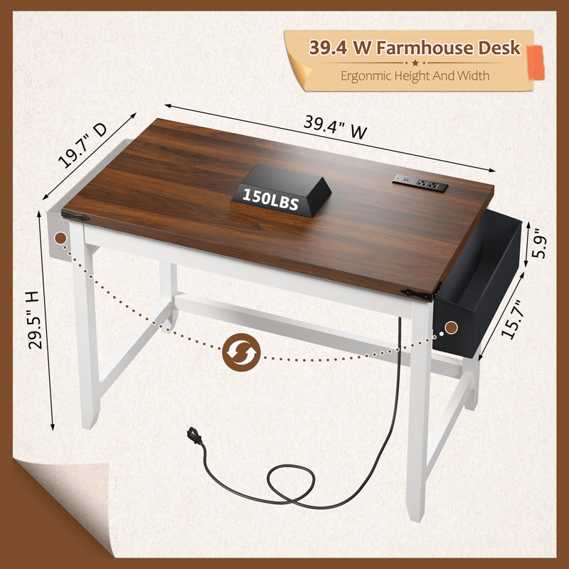 Small Computer Desk With Power Outlet, Home Office Desk For Bedroom, Writing Desk With Storage Bag, Brown/White