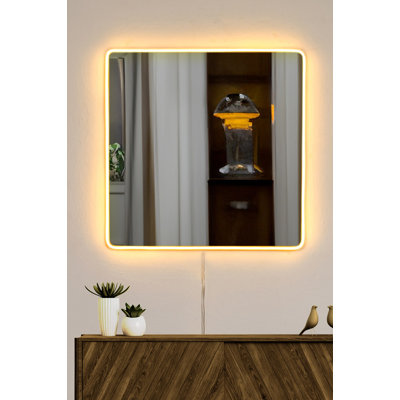 Miroir moderne à DEL avec acrylique incassable incassable, 19,7 po x 19,7 po | Épaisseur de 5 mm, rayures néon jaune | Support en panneau de fibres à densité moyenne, adaptateur 12V pour un éclairage lumineux | Décoration élégante et durable