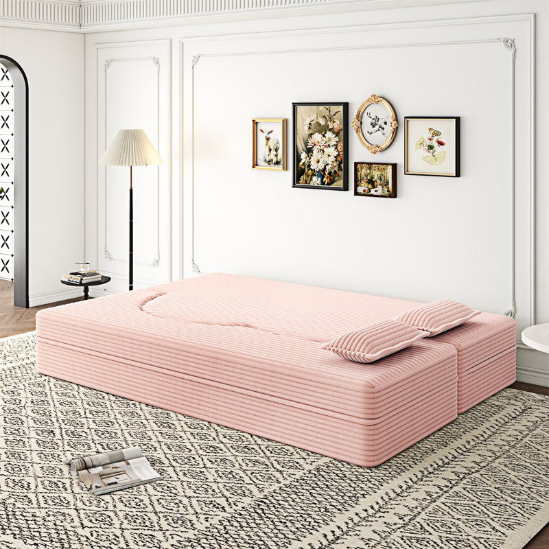 Canapé convertible avec coussins, Velours bébé rose