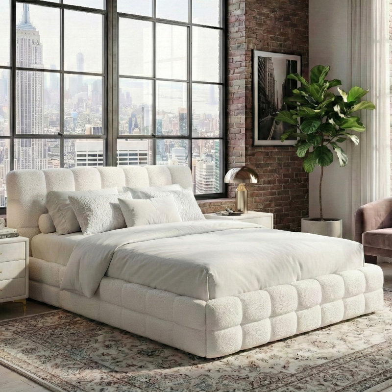 Plush Upholstered Bed, White, Queen
