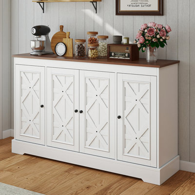  Farmhouse Coffee Bar Buffet Cabinet With 4 Doors & Adjustable Shelves, 59" Sideboard For Kitchen, Living Room (White)