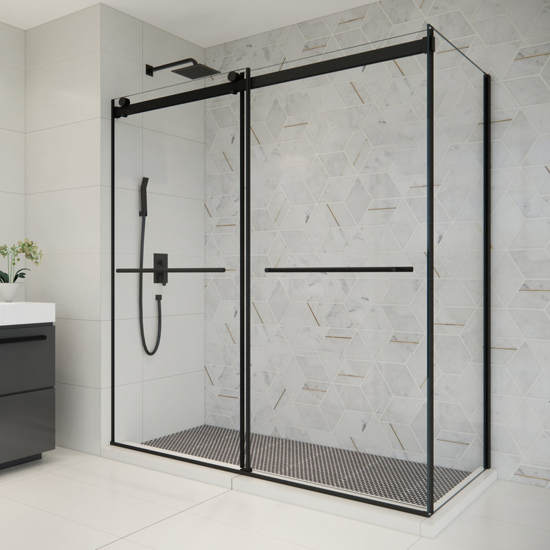 Cabine de douche à roulettes exposée sans cadre avec verre transparent l 68 po x H 76 po Belizzi