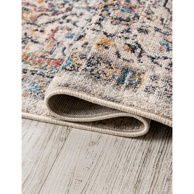 Alkire Floral Ivory/Navy/Yellow/Orange Area Rug, Round 6'1"