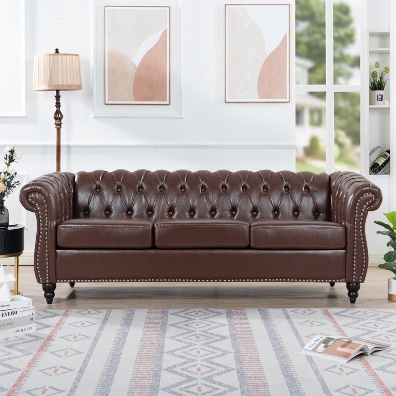Canapé Chesterfield 3 places Elaiza, Marron foncé, H 29 po x l 84 po x P 32,5 po, Noir