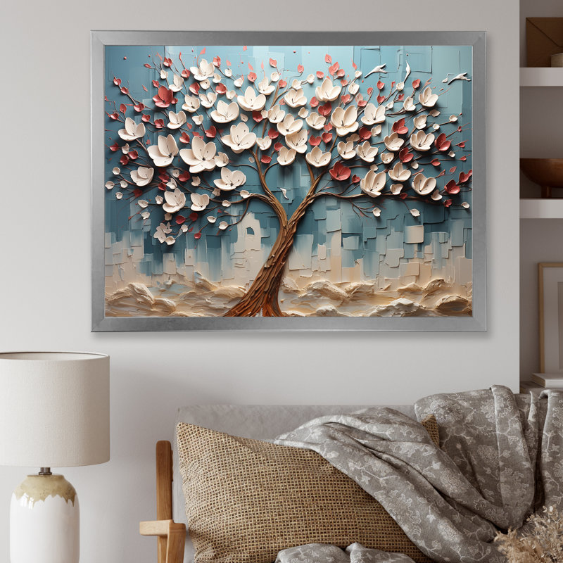 Arbre de fleur rouge et or au clair de lune beauté V - art mural arbre, Cadre de coin argenté fermé