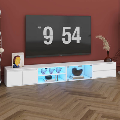 Meuble télé à DEL APP pour téléviseur jusqu'à 105 po, console multimédia en faux marbre avec portes en verre trempé, 2 tiroirs et armoires