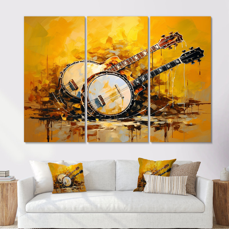 «Music Banjo Bliss Sunny Yellow I», ensemble de reproductions d'art mural musical, Toile tendue, H 28 po x l 36 po x P 1 po