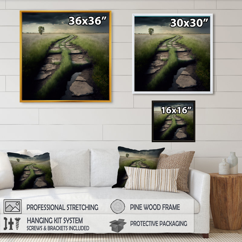 Sentier au milieu d'un champ I - reproduction sur toile, H 16 po x l 16 po x P 1 po, Toile avec cadre flottant noir