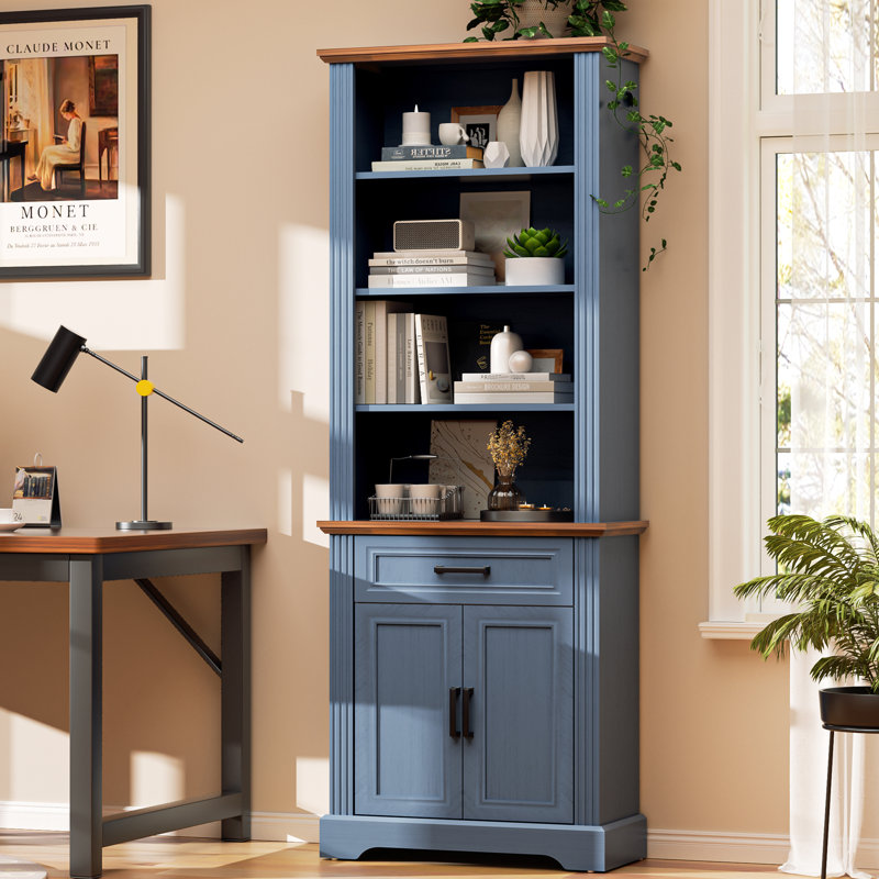 5 Tiers Farmhouse Bookcase 72" Tall Bookshelf With Doors And Storage Cabinet Farmhouse Book Shelf With Adjustable Shelf For Home Office,living Room, Antique White