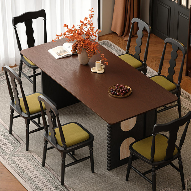 Table de salle à manger rectangulaire en bois massif brun, beige et noir et pierre frittée, 29.53"H×62.99"L×31.50"W