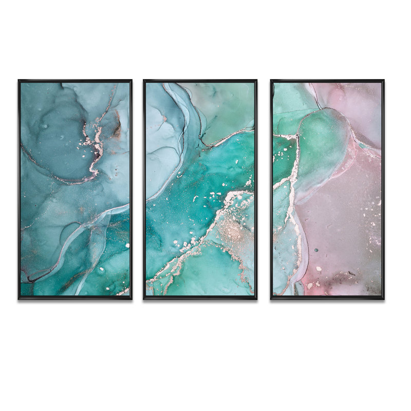 Turquoise abstrait marbré - 3 pièces, reproduction sur toile flottante, Cadre noir, H 32 po x l 48 po x P 1 po