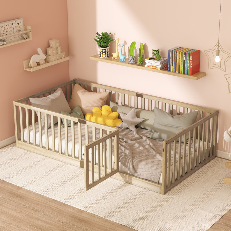 Twin Size Floor Bed with Fence Guardrails and Door, Rubber Wood Montessori Toddler Bed Frame, Kids Safety Bed,White, White
