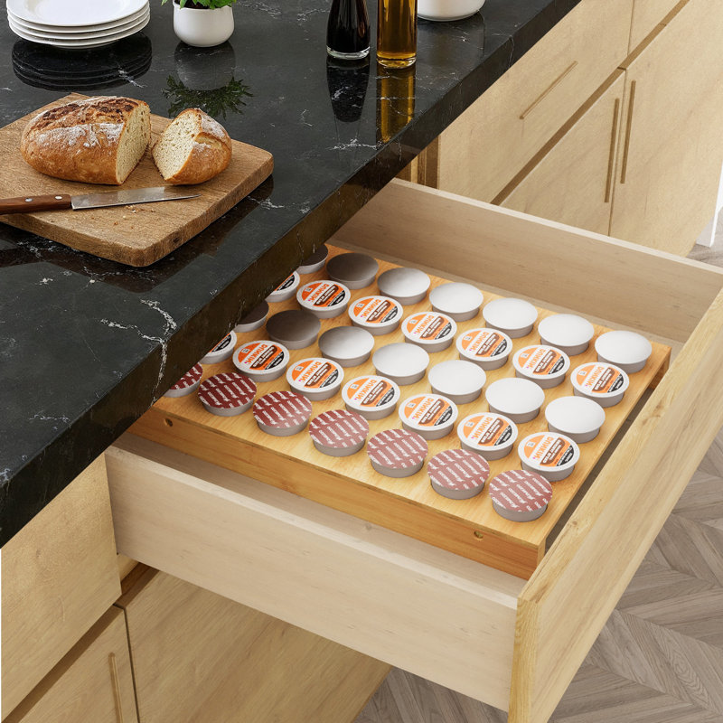 Bamboo K Cup Drawer Organizer Insert, 35 Slots Coffee Pod Holder Tray for Kcup Coffee Station and Kitchen Drawer Storage