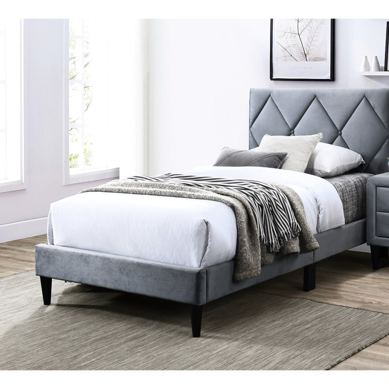 Contemporary Twin Size Bed, Grey Velvet Upholstered With Adjustable Headboard For A Youth-Oriented Bedroom Modern Charming