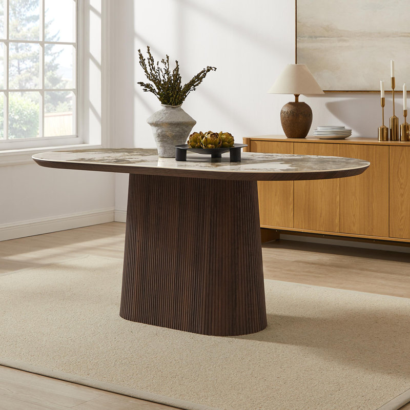 Table de salle à manger ovale Oppelo 70,87 po en pierre frittée aspect marbre avec piédestal