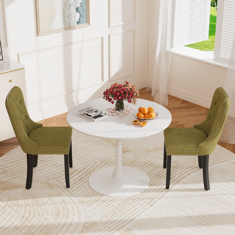 Round Pedestal Dining Set with 2 chairs, White/White, Oliver Green
