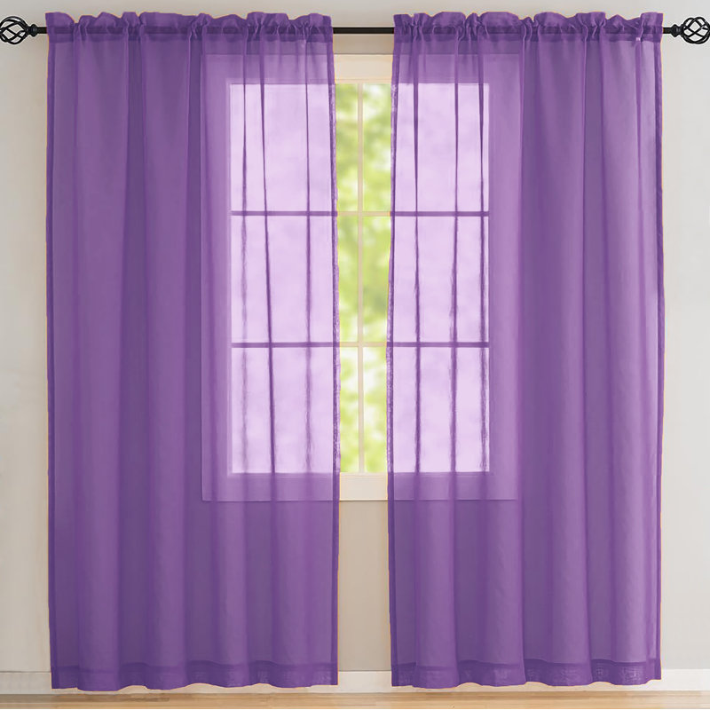 Sheer Window Rod Pocket Curtain Set - 63" Inches Long (2 Panels), Purple