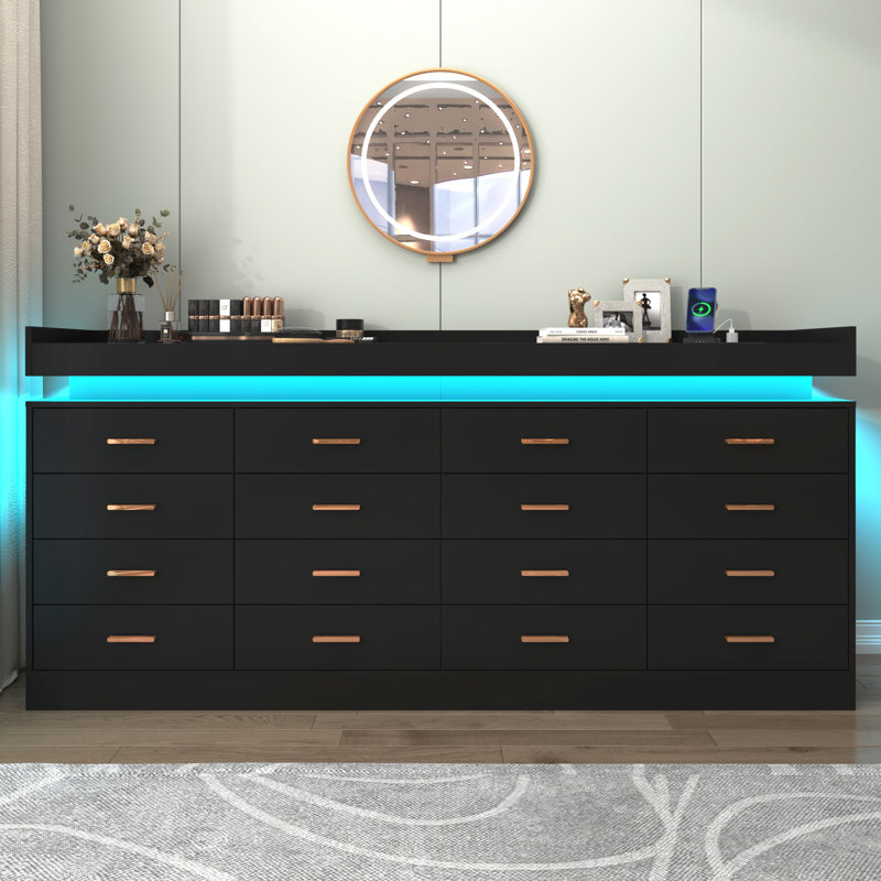 Commode 16 tiroirs l 78,7 po avec station de charge et lumière DEL, Noir