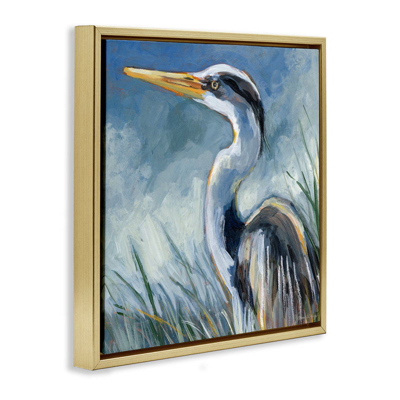 «Heron Gazing with Herbes Floater», art mural par Susan Winget, H 18 po x l 18 po, Cadre flottant métallique doré