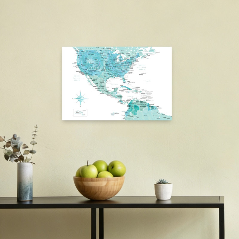 Watercolor Americas Map Contemporary City Wall Art Print 1 Piece Wrapped Canvas Wall Art, 45.72cm H x 30.48cm W
