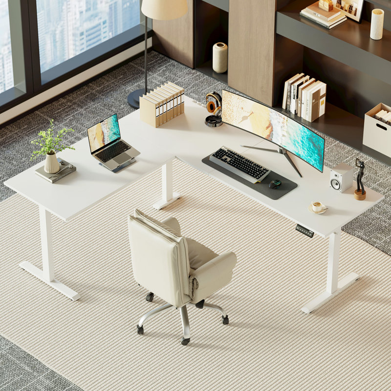 Bureau debout en forme de L de 75 pouces, bureau électrique à hauteur réglable pour le bureau à domicile, grand bureau d'ordinateur ergonomique avec 3 boutons de mémoire, gestion des câbles, bureau d'angle pour la maison et le bureau, blanc