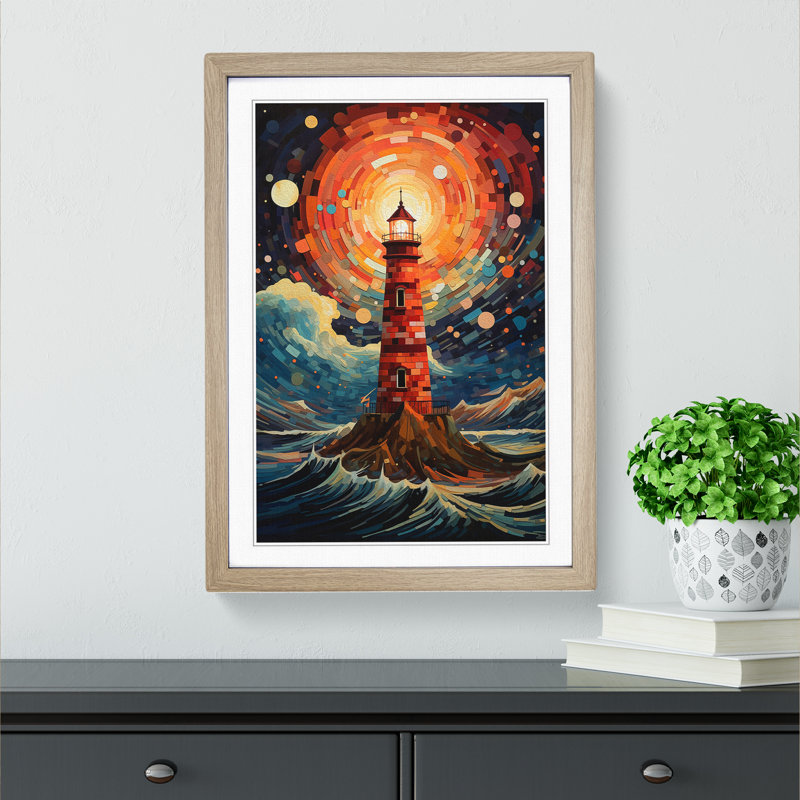 Lighthouse Orphism - Single Picture Frame Print on Wood, Oak Framed, 34cm H x 25cm W x 2cm D