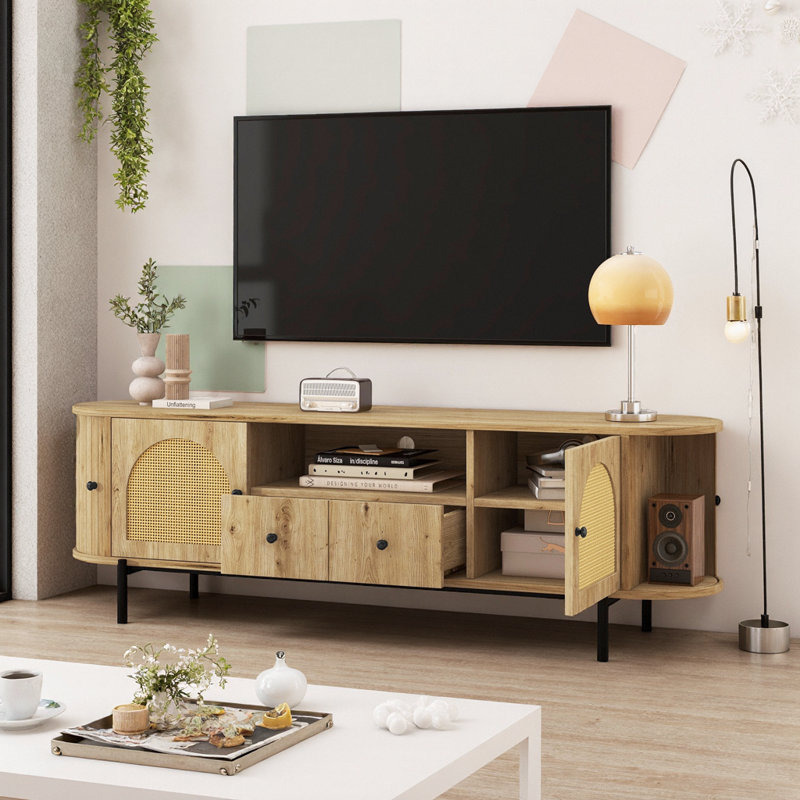 Meuble télé de style américain avec portes arquées en rotin, rangement, Burly Wood