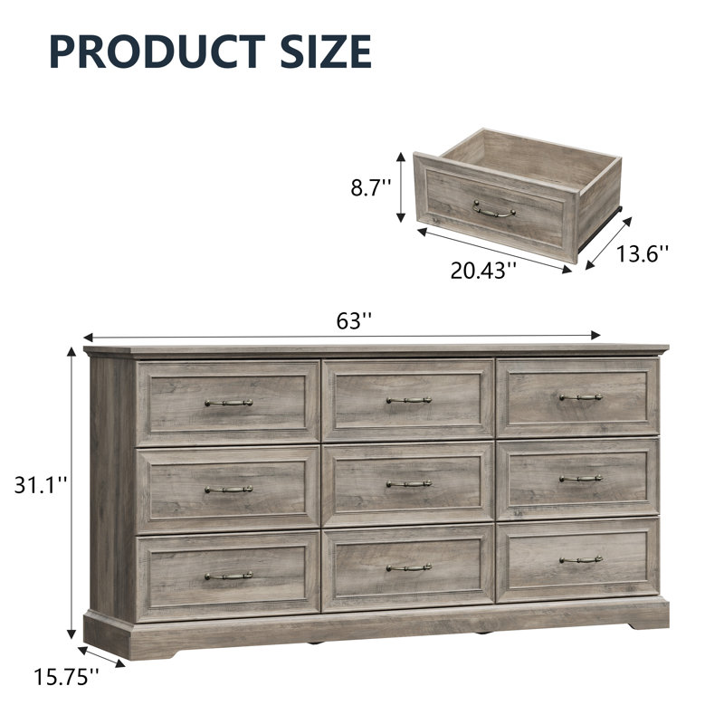 Commode à 9 tiroirs de 62,99 po, commode de chambre moderne avec poignées en métal et base renforcée, Gris