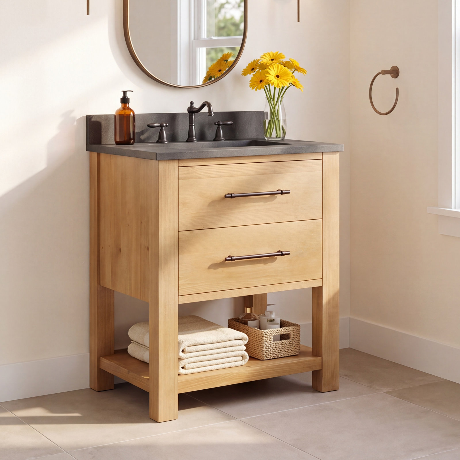 Keri 24 " Pine Single Bathroom Vanity, Tan/Antique Black